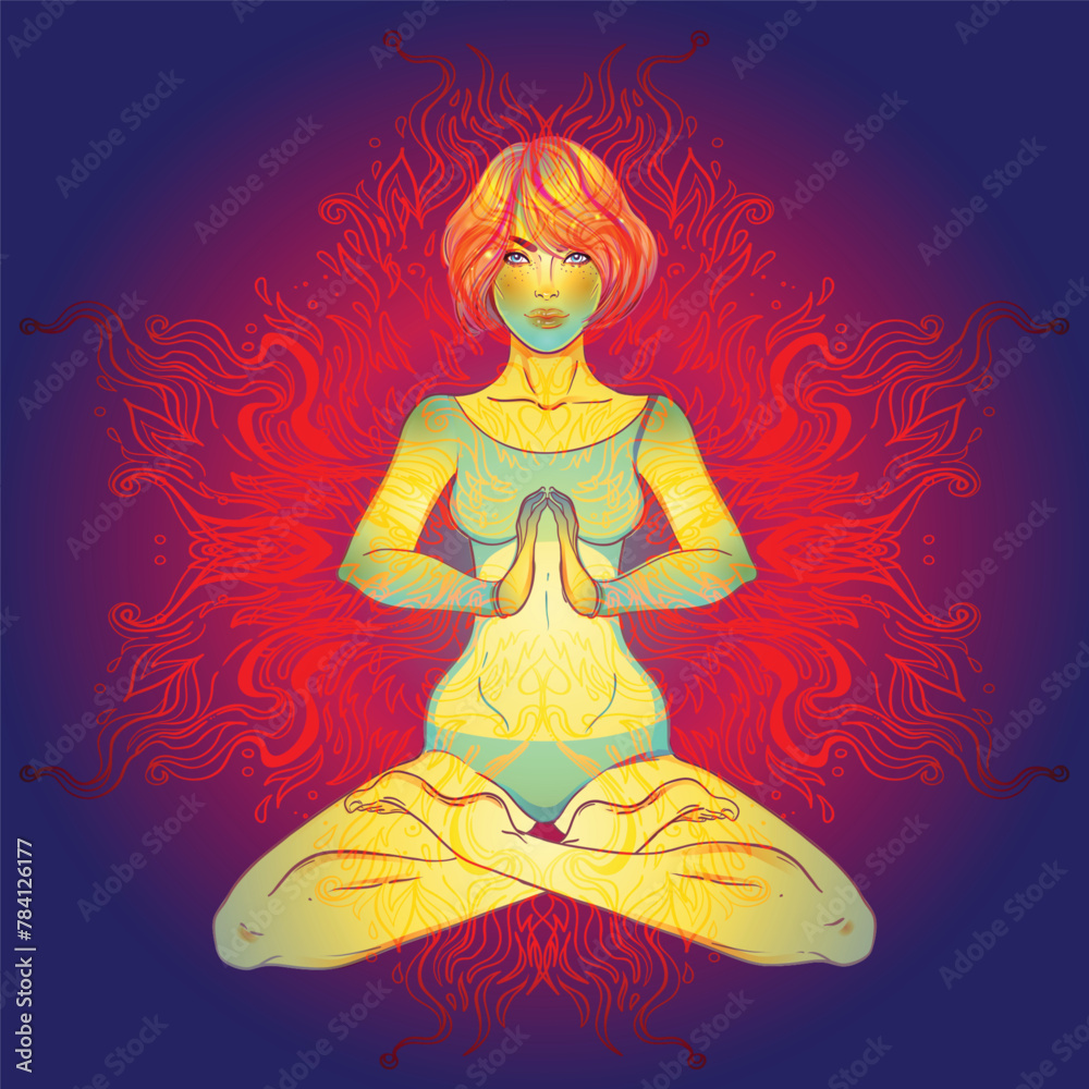 Beautiful Girl sitting in lotus position over ornate colorful neon background. Vector illustration. Psychedelic composition. Buddhism esoteric motifs. Tattoo, spiritual yoga. Beautiful Girl sitting in lotus position over ornate colorful neon background. Vector illustration. Psychedelic composition. Buddhism esoteric motifs. Tattoo, spiritual yoga.