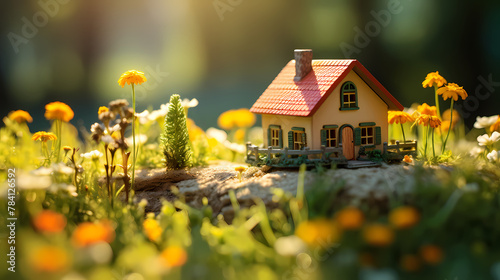 Mini house model on spring grass  real estate investment and financial management concept illustration
