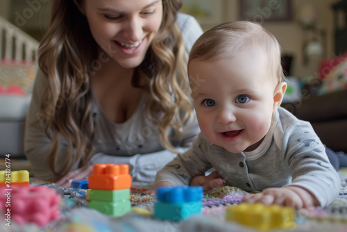 A mom and baby sharing a delightful playtime with colorful stacking blocks.