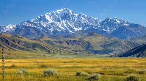Picturesque Mountain Landscape with Snow-capped Peak and Expansive Grassland