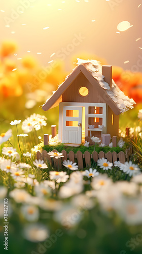 Mini house model on spring grass, real estate investment and financial management concept illustration