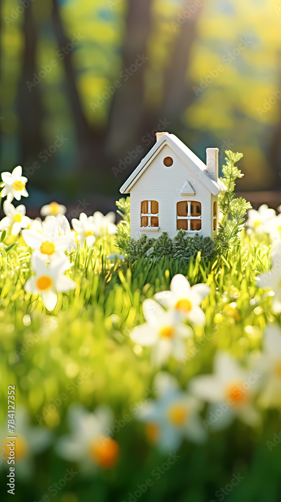 Mini house model on spring grass, real estate investment and financial management concept illustration Mini house model on spring grass, real estate investment and financial management concept illustration