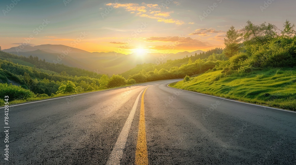 Asphalt highway road and mountain natural scenery at sunrise. panoramic view. - obrazy, fototapety, plakaty 