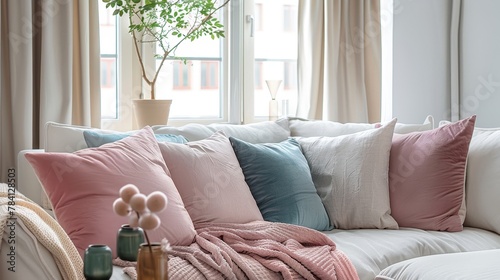 Cozy living room with white couch, pastel pillows, blanket, and plant by window