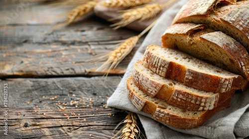 Bread, traditional sourdough bread cut into slices on a rustic wooden background. Concept of traditional leavened bread baking methods. Healthy food. photo