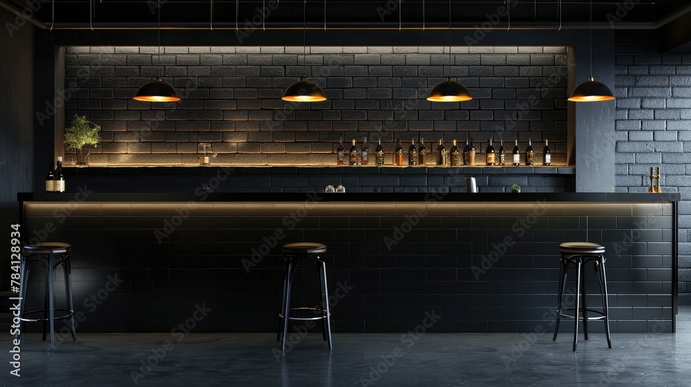 Creative black brick pub or bar interior with copy space on wall Creative black brick pub or bar interior with copy space on wall