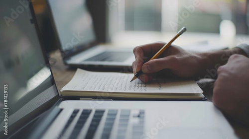 Person jotting down on notebook with pencil in front of laptops multitasking concept photo