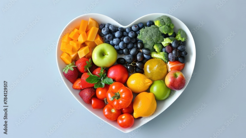 Nutritional food for heart health wellness by cholesterol diet and healthy nutrition eating with clean fruits and vegetables in heart dish by nutritionist