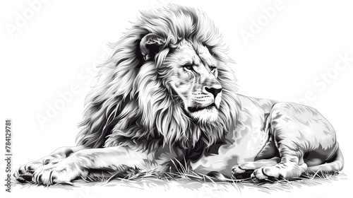 A black and white sketch of a lion lying down. photo