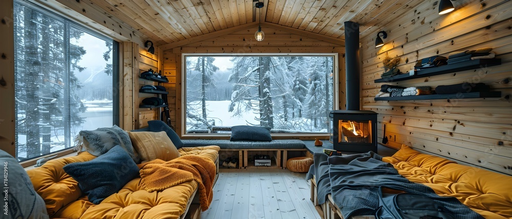Fototapeta premium Warm & Minimalist Ski Lodge Haven with Fire Glow. Concept Cozy Interiors, Ski Lodge Decor, Fireplace Ambiance, Warm Tones, Minimalist Design