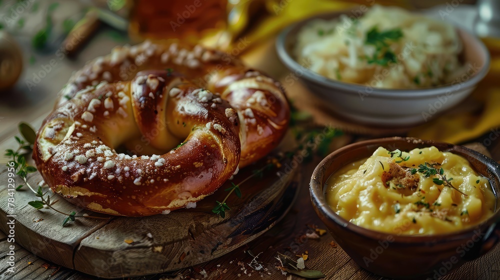 Soft pretzel and bavarian white sausage weisswurst made from minced veal and pork back bacon, mug with beer, crauti or sauerkraut, mustard. German octoberfest lunch