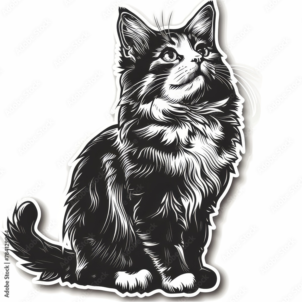 A black and white line drawing of a cat in a sitting position looking up.