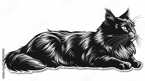 A black and white illustration of a long-haired cat in a lying down pose