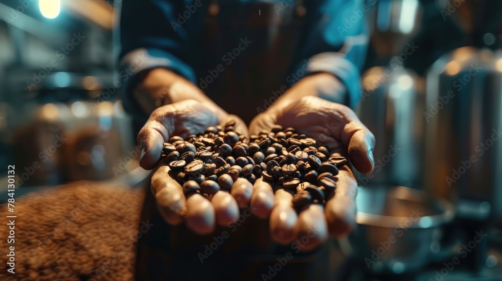 worker holding coffee beans in his hands checks the quality of coffee after it has been roasted in coffee machine worker holding coffee beans in his hands checks the quality of coffee after it has been roasted in coffee machine
