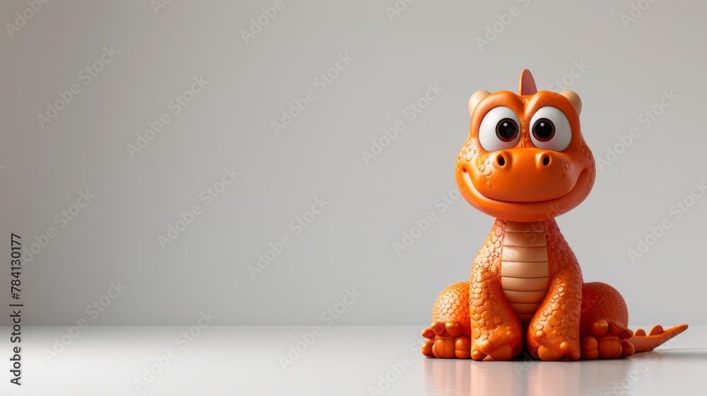 A cute cartoon dinosaur, sitting on a white table, looking at the camera. The dinosaur is orange with big eyes and a friendly smile. A cute cartoon dinosaur, sitting on a white table, looking at the camera. The dinosaur is orange with big eyes and a friendly smile.