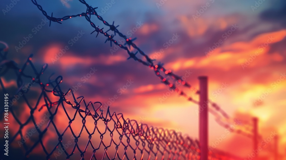 Abstract Barrier wire fence refugee Twilight sky. Deliverance Broke spike change bird boundary human rights slave prison jail break hope freedom justice social liberty day world war emancipation win - obrazy, fototapety, plakaty 