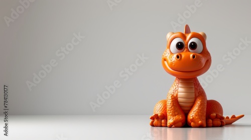 A cute cartoon dinosaur, sitting on a white table, looking at the camera. The dinosaur is orange with big eyes and a friendly smile.