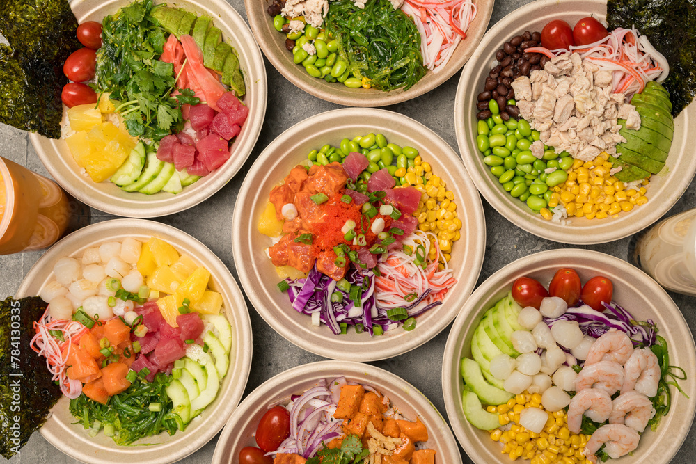 Assortment of poke bowls Assortment of poke bowls