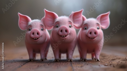 Three little cartoon pigs standing in a row and smiling