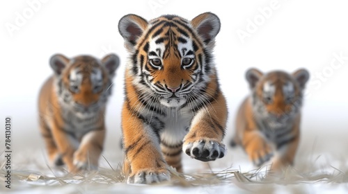 Three tiger cubs running in the snow