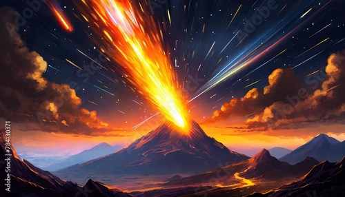 A brilliant flaming meteor with glowing molten tail streaking across the night sky