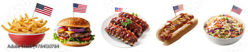 Traditional Independence day food plate with fries, beef burger, pork ribs, hot dog and coleslaw salad over white transparent background. 4th of July, American day concept photo