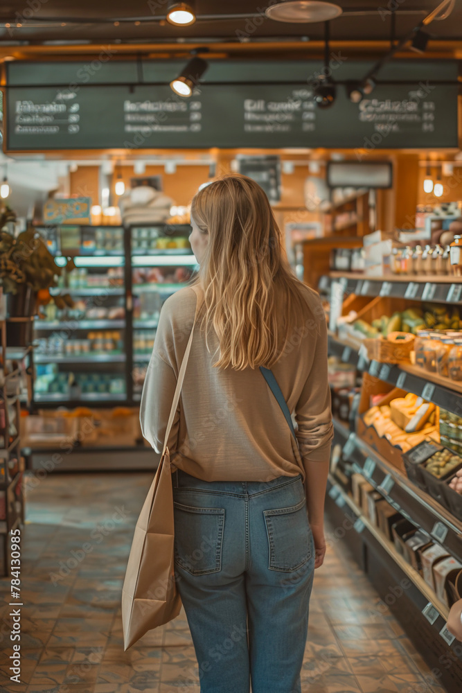 Caucasian woman doing grocery shopping at the local organic store with reusable bag. Zero waste, Sustainability concept Caucasian woman doing grocery shopping at the local organic store with reusable bag. Zero waste, Sustainability concept
