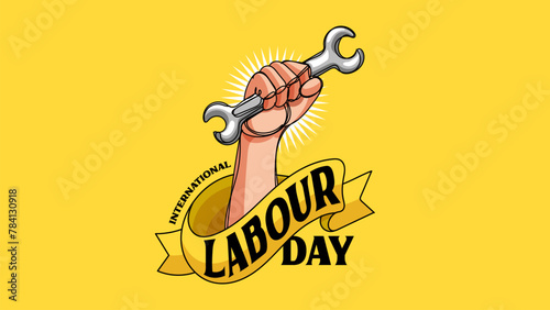 International Labour Day Banner With Fist and Wrench Hand Drawn Illustration photo