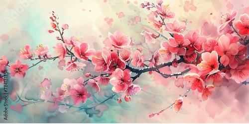 Watercolor banner  spring blossom cascade  soft pastels  morning dew  wide format. 