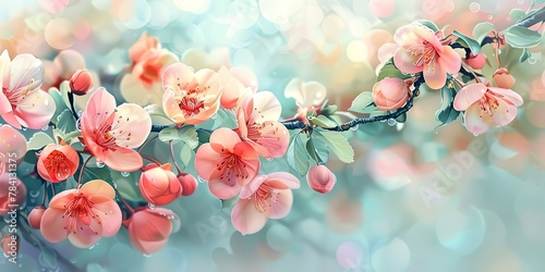 Watercolor banner  spring blossom cascade  soft pastels  morning dew  wide format.