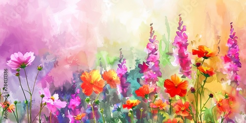 Oil painting effect, Floral watercolor, summer garden bloom, vibrant hues, sunlit, panoramic banner. 