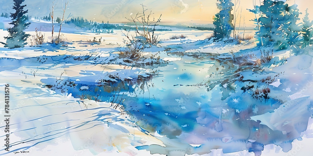 Banner, melting snow, watercolor, crisp blues and whites, hints of green, dawn light, panoramic. - obrazy, fototapety, plakaty 