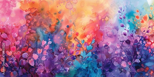 Banner, watercolor floral abstract, splash technique, vibrant spectrum, dawn to dusk, wide canvas. 