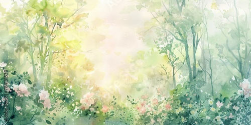 Spring awakening, watercolor banner, fresh greens and soft pinks, dewy morning, wide view. 