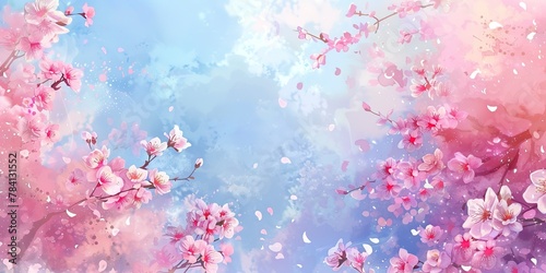 Cherry blossom parade, watercolor, pastel sky background, gentle breeze, panoramic banner.