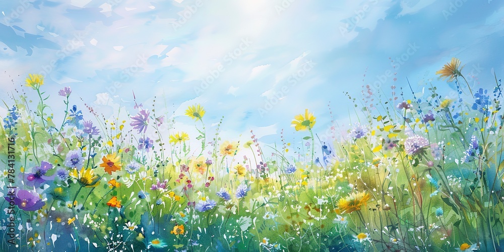 Fototapeta premium Watercolor banner, summer meadow, wildflowers under clear skies, midday sun, wide landscape.