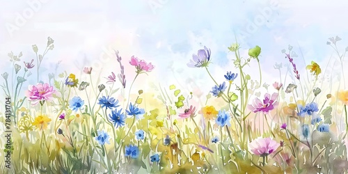 Watercolor banner, summer meadow, wildflowers under clear skies, midday sun, wide landscape. 