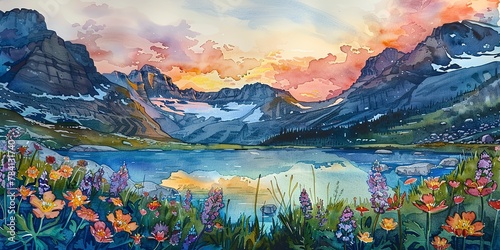 Banner, mountain summer, watercolor, alpine flowers, melting snow streams, dawn light, panoramic.  © Thanthara