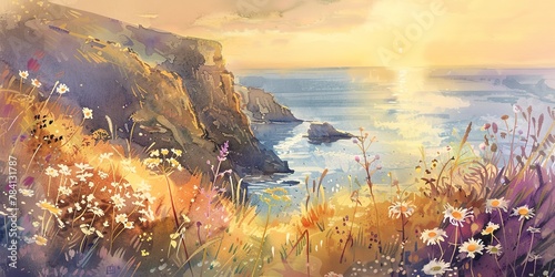 Watercolor banner, coastal cliffs, wildflowers facing the sea, golden hour, wide perspective. photo