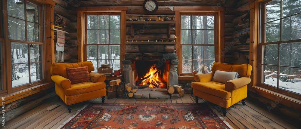 Fototapeta premium Cozy Cabin Retreat with Warm Hearth and Rustic Charm. Concept Rustic Decor, Cabin Vibes, Fireplace Setting, Cozy Retreat, Warm Hearth