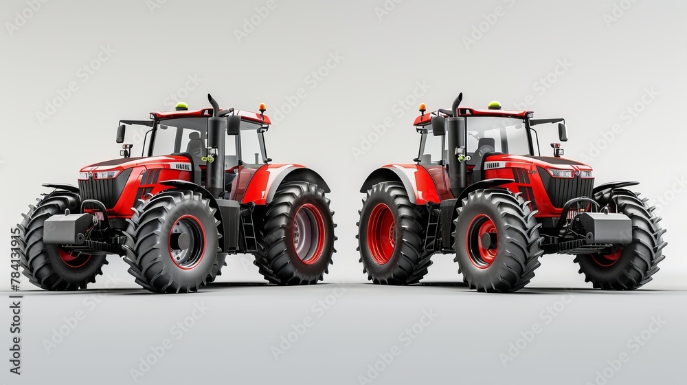 A farm tractor is presented in two identical 3D renderings on a white background, focusing on the modern design of agricultural machinery A farm tractor is presented in two identical 3D renderings on a white background, focusing on the modern design of agricultural machinery