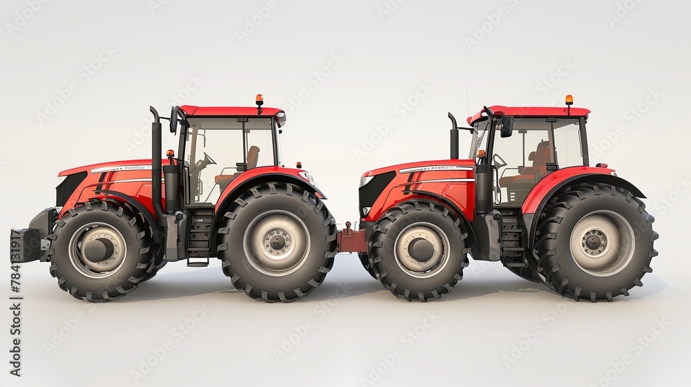 A farm tractor is presented in two identical 3D renderings on a white background, focusing on the modern design of agricultural machinery A farm tractor is presented in two identical 3D renderings on a white background, focusing on the modern design of agricultural machinery
