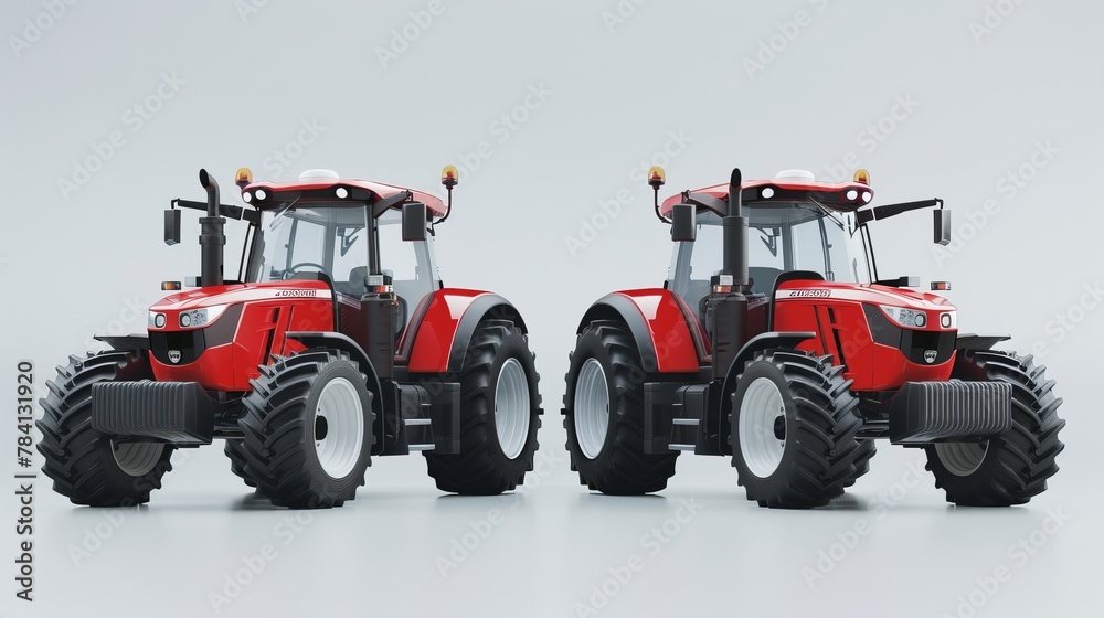 A farm tractor is presented in two identical 3D renderings on a white background, focusing on the modern design of agricultural machinery A farm tractor is presented in two identical 3D renderings on a white background, focusing on the modern design of agricultural machinery