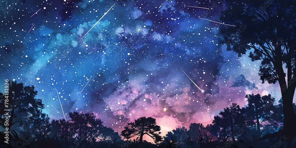 Watercolor, summer night sky, banner, soft galaxy, shooting stars, gentle moonlight, wide scene. 