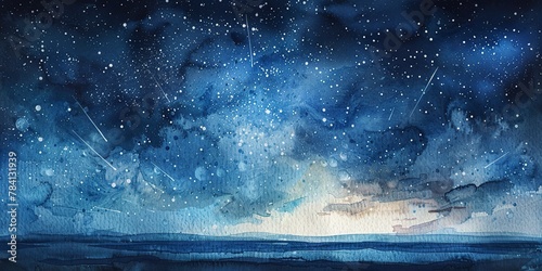 Watercolor, summer night sky, banner, soft galaxy, shooting stars, gentle moonlight, wide scene. photo