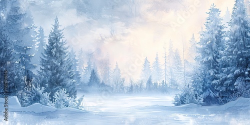 Watercolor banner, snowy forest at dawn, soft blues and whites, morning silence, wide view.  © Thanthara