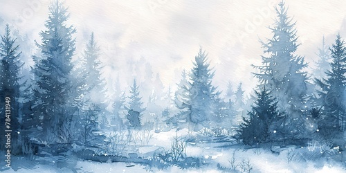 Watercolor banner, snowy forest at dawn, soft blues and whites, morning silence, wide view.  © Thanthara