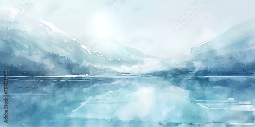 Watercolor banner, frozen lake, icy blues, distant mountains, midday light, wide tranquility. 