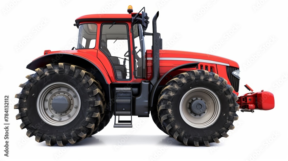 A red agricultural tractor is vividly depicted isolated on a white background, perfectly suited for clear and focused displays A red agricultural tractor is vividly depicted isolated on a white background, perfectly suited for clear and focused displays