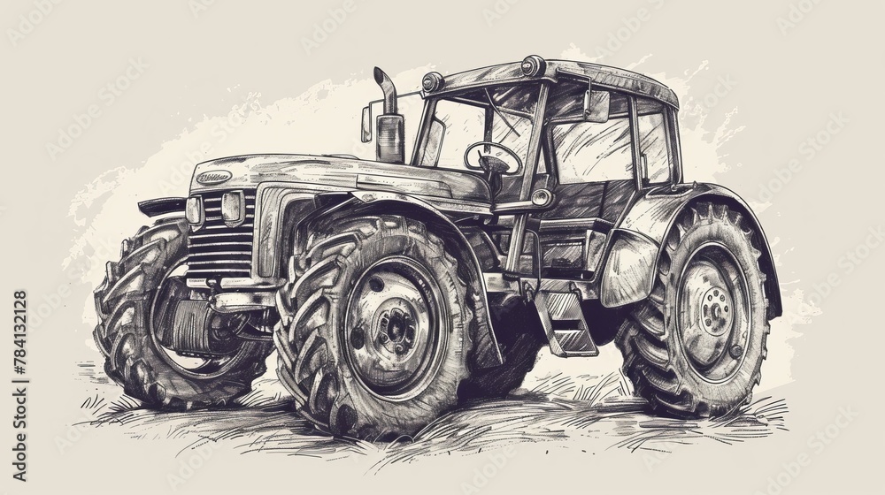 A retro sketch of a farm tractor in agricultural machinery vector illustration style captures the essence of traditional farming equipment